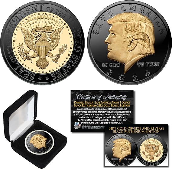 Merrick Mint Donald Trump 2024 Save America USA One-Full Ounce Coin Black Ruthenium & Gold Tribute Coin with Certificate and Display Box