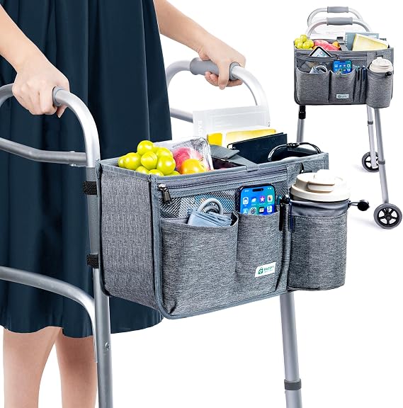 BAGSFY Walker Basket Bag with Cup Holder & Pockets Foldable Walker Organizer Tote, Never-Tip Design, Easy Install Storage Bag for Seniors & Adults, Fits Most Standard Walkers (Not Rollators)
