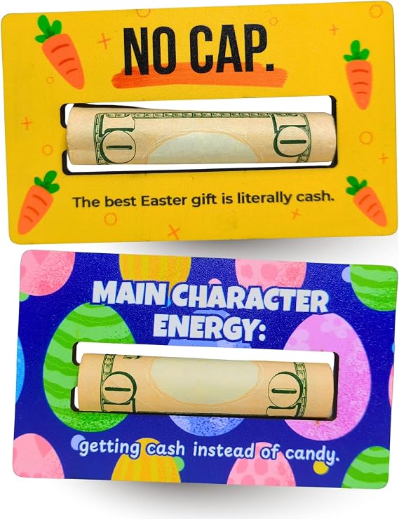 KATINAT Funny Easter Money Holder for Cash Gift - Viral Slang No Cap & Main Character Energy Cards for Teens, Tweens, Gen Alpha - Unique Easter Basket Stuffers Gag Gifts for Boys & Girls Set of 2