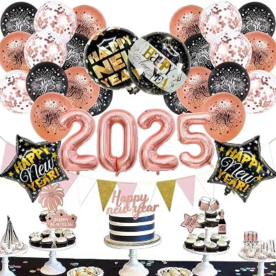 New Years Eve Party Supplies 2025 Set of 42, Happy New Year Decorations 2025 Balloons 12 Inch18 Inch, Happy New Year Banner, 12 Inch Confetti Balloons, Cupcake Topper, New Years Decorations 2025
