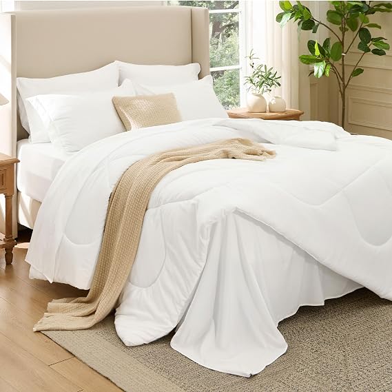 Bedsure White Queen 7-Piece Comforter Set with Sheets, Wavy Quilted