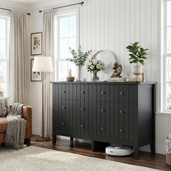 FOTOSOK Black Dresser, Chest of Drawers, Modern 6 Drawer Nursery Dressers | Double Wide Organizer Storage Cabinet for Closet, Bedroom, Living Room, Hallway, Nursery Dresser For Baby Clothes