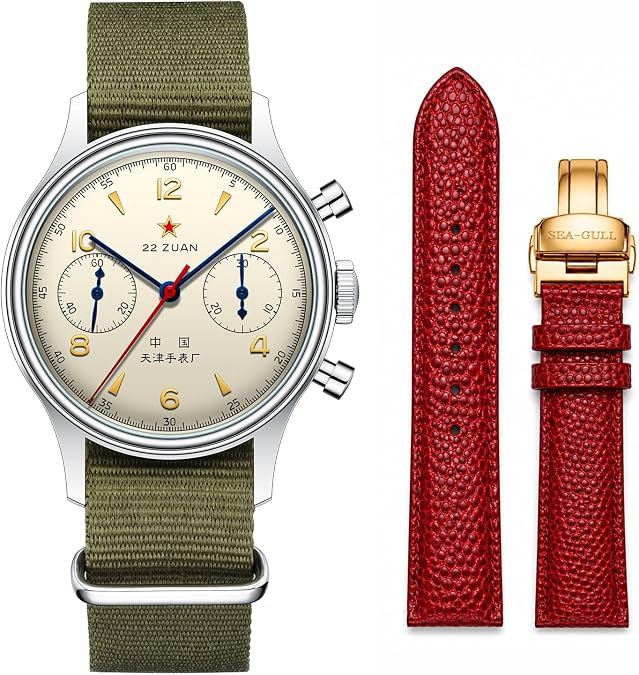SEA-GULL 1963 Manual Wind Chronograph Watch & 18mm Red Leather Strap