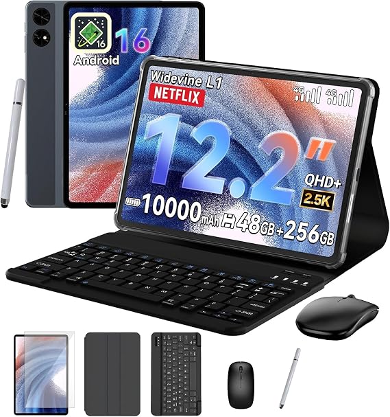TABWEE T60 12 Inch Android 16 Tablet with Keyboard, SIM Card Slot, 256GB