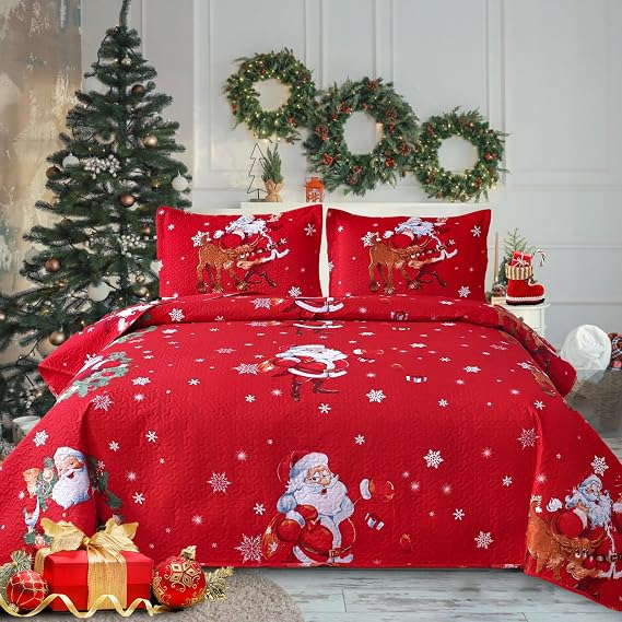 CHINO Christmas Quilts Bedding Set Queen/Full: 3-Piece Set with Quilt (90"x90") and 2 Pillow Shams (20"x26"+2"), Dark Red, Striped Pattern, Santa Claus, All Seasons, Traditional Christmas Style
