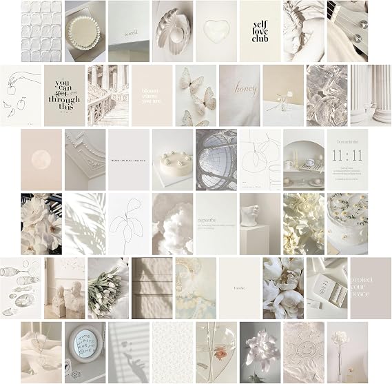 TwoDays Vanilla Girl Aesthetic Room Decor, Clean Girl Aesthetic Wall Collage Kit Pictures for Dorm, Neutral Posters, Cream Wall Art Prints for Bedroom.(Set of 50, 4" 6")