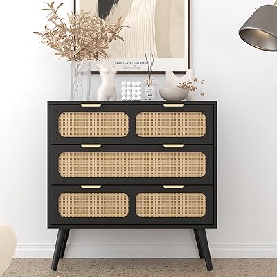 3 Drawer Dresser, Modern Rattan Dresser Chest with Wide Drawers and Metal Handles, Farmhouse Wood Storage Chest of Drawers for Bedroom, Living Room, Hallway, Entryway Black