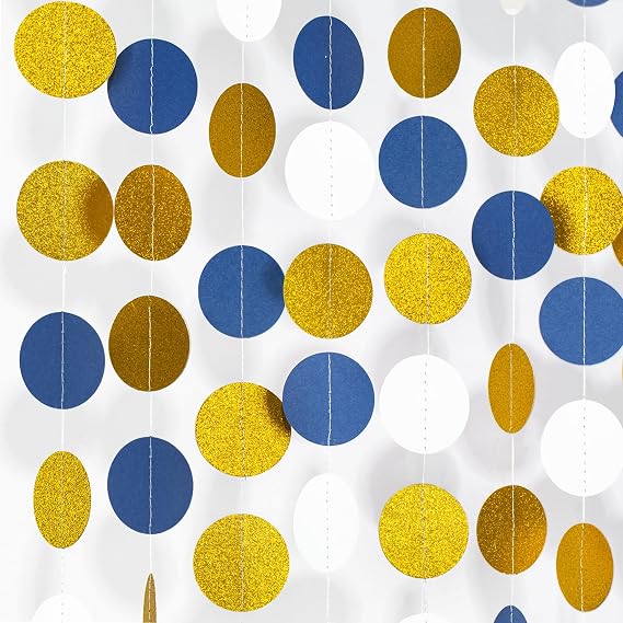 jijAcraft 52Ft Navy Blue and Gold Garland Streamer - 4 Pack Glitter Paper Hanging Decoration, Circle Dots Garland Banner for Wedding, Bridal Shower, Baby Shower, Nautical Pirate Theme Party Decor