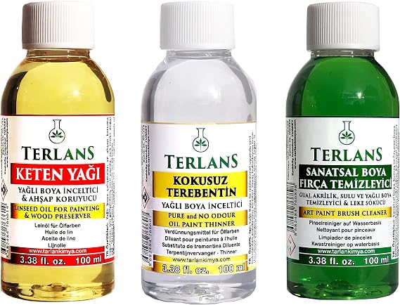 Terlans Yağlı Boya Seti Yardımcı Malzemeler 3x100ml Boya Fırça Temizleyici - Kokusuz Terebentin - Keten Yağı | Eksiksiz Yağlı Boya Yardımcı Kiti – Boyayı inceltme, akışkanlığı artırma ve ekipman temizliği
