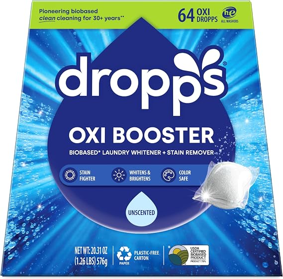 Dropps Oxi Booster Pods, Unscented (64 Count) - Laundry Whitener & Stain Remover | Free & Clear | Laundry Booster | Chlorine-Free Bleach Alternative | Clean Ingredients | Plastic-Free Packaging