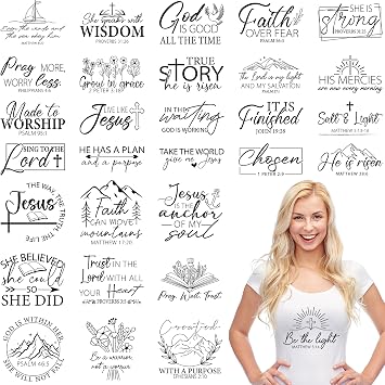 Christian Iron on Transfers for T-Shirts, 30 Pcs Bible Verse DTF Transfers Ready to Press, Black Scripture Iron on Decals, Heat Transfer Vinyl for Bag Pillow Clothing, DIY Crafts