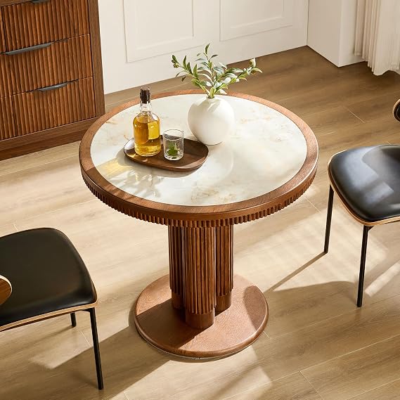33.07 inch Mid-Century Round Dining Table for 2-4 People, 9mm Sintered Stone Recessed Tabletop, Solid Wood Reinforced MDF Frame, Compact Circular Bistro Table for Kitchen Dining Room