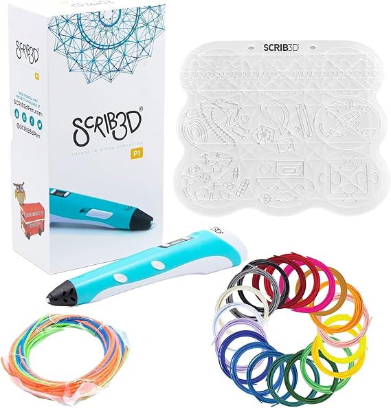SCRIB3D P1 3D Printing Pen Bundle with Silicone 3D Mat & 20-Color PLA Filament Refills, 320 Feet, 1.75mm Includes Display Pen, Stencil Book, Project Guide & Power Adapter