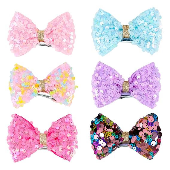 YISSION 6 Pcs Glitter Hair Bows Colorful Bow Hair Clips for Girls Cute Bow Hair Barrettes Toddler Girl Sparkly Sequin Hair Clips Kids Hair Accessories for Girls