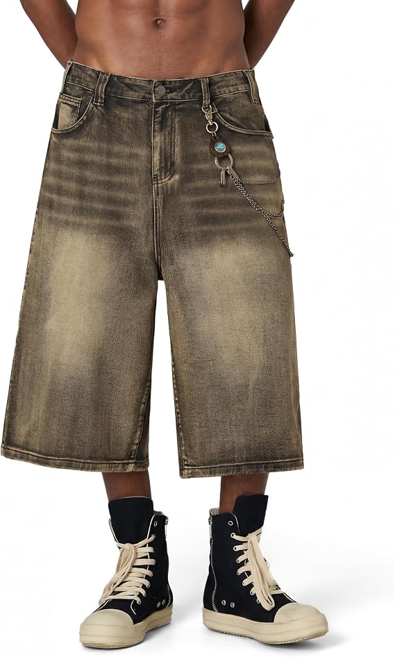 Vamtac Mens Baggy Jean Shorts Y2K Washed Long Denim Shorts Casual Loose Fit Streetwear Jorts