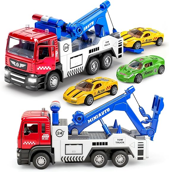 Diecast Tow Truck Toy for Kids Boy, Pull Back Metal Car with 2Pcs Mini Cars | Vehicles Truck with Lights & Sound for Boys Age 6 7 8 9 Years Old, Birthday Education Gift