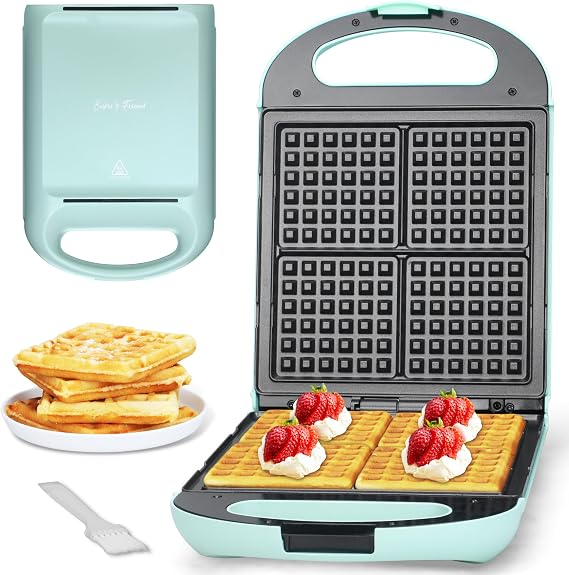 Bakers Friend Belgian Waffle Maker, Square Waffle Iron, Waflera Electrica, Non Stick Cooking Plate, Classic & Multi Waffle Makers, 4-Slice, Aqua