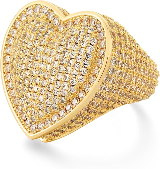Iced Out Jewelry 5A Cz Stones Shiny Baguette Heart Engagement Gold Luxury Diamond Ring, Hip Hop Bling Bling 18K Gold Plated Party Pinky Ring Men Women