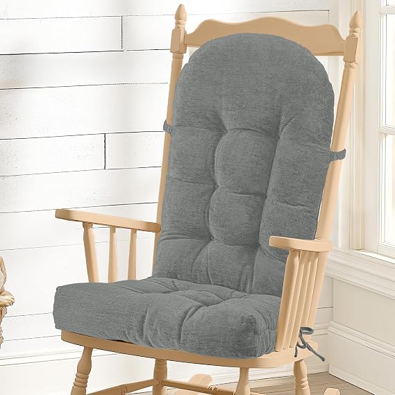 Rocking Chair Cushion - Chenille Fabric, High-Density Sponge, Durable Comfort Double-Sided Tufted Seat Pads with Ties, ChenilleLight Grey, 44x19x4 inch