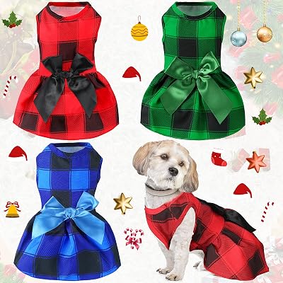 Frienda 3 Pieces Christmas Plaid Dog Dresses with Bowknot Buffalo Plaid Puppy Dress Pet Dogs Girls Princess Outfit Check Dog Skirt Holiday Costume Apparel Clothes for Small DogsM 5-7lbs