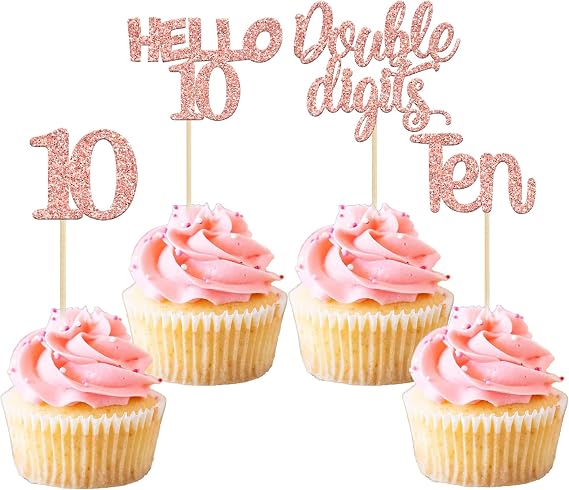 Gyufise 24 Pack Glitter 10th Birthday Cupcake Toppers Double Digits Cupcake Toppers Hello 10 Ten Cupcake Picks for 10th Birthday Party Cake Decorations Supplies