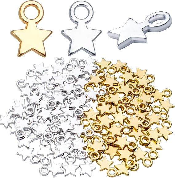 Jdesun 100pcs Mini Star Charms Alloy Star Shape Charms Pendants for DIY Crafting Jewelry Making (Gold and Silver),10x8x1mm