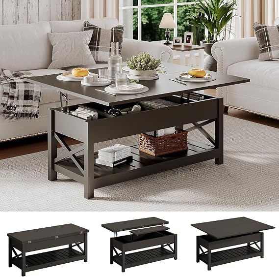 ChooChoo Coffee Table Lift Top, Multi-Function Convertible Coffee Table with Storage and Hidden Compartment, Converts to Dining Table for Living Room, 40 Black