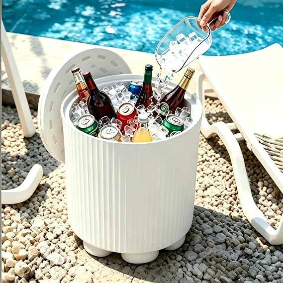 Outdoor Cooler Side Table, 2-in-1 Portable Ice Chest Side Table, Cooler Table All Weather Resistant, Cooler Table for Patio & Parties & Picnics & Beach & BBQ, White