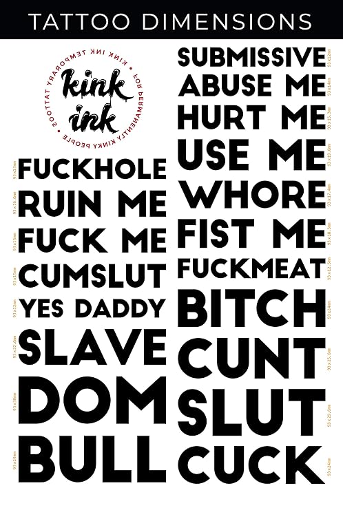 19 x Block Word Temporary Tattoo Lettering in Black Sexy Kinky A4 Sheet