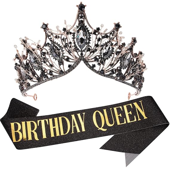 VELSCRUN Birthday Tiaras for Women, Black Birthday Queen Crown with Tiara and Sash, Perfect for Parties and Special Occasions