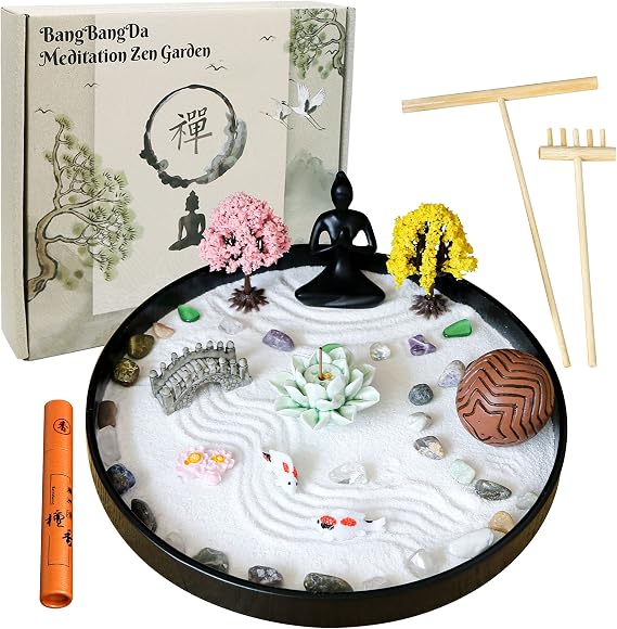 Meditation Yoga Zen Garden kit - Home Office DIY Japanese Mini Rock Sand Garden Desktop Chakra Shine Altar Zen Decor Zen Gifts for Adult w/Rake Tools Accessories Healing Crystal Sphere