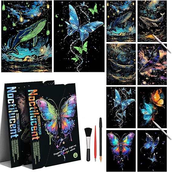 Scratch Paper Art for Adults Crafts, Glow in the Dark, A4/8 Sheets | Luminous Rainbow Scratchboard Art Kit, Calming Craft Activity for Adults Teens, Anxiety Relief Hobby, Creative Gift