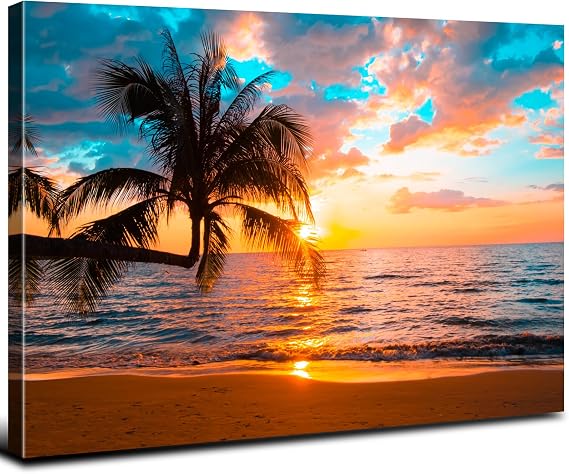 Sunset Beach Wall Art Tropical Palm Tree Wall Decor Coastal Landscape Pictures for Living Room Ocean Landscape Canvas Painting Nature Seascape Poster Prints Artwork Bathroom Home Decorations 12x16