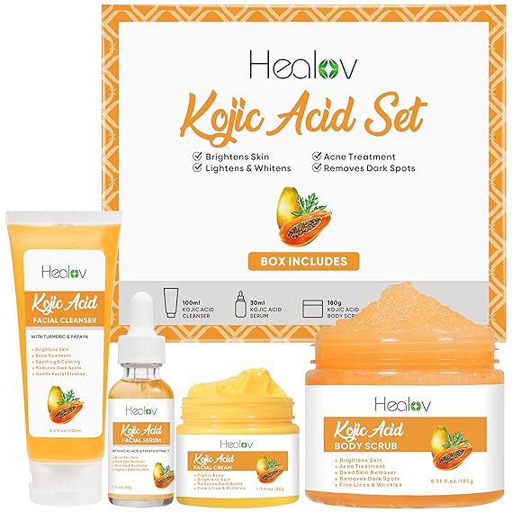 Kojic Acid Skincare Set Kojic Soap Cleanser, Exfoliating Body Scrub, Face Cream & Brightening Facial Serum Skin Brightening Hyperpigmentation Treatment, Dark Spot Corrector with Turmeric Papaya