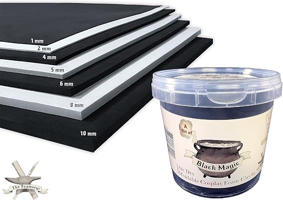 The Foamory Black EVA Foam & Foam Clay Bundle - 2mm & 300g 14x39 inch | 2mm EVA Foam Sheet + 300g Non-toxic Air-dry Foam Clay. Everything You Need to Start Your First Cosplay Armor Build.