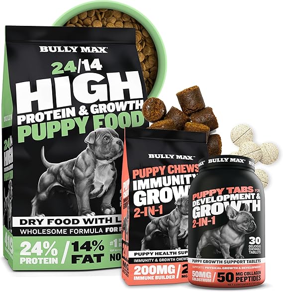 Bully Max High Protein Puppy Food (5lbs.) 2-in-1 Puppy Chews & Vitamin Tablets (30 tabs) Bundle for Immune Health, Muscle Growth, Digestive Support & Overall Wellness in Small & Large Breed Puppies