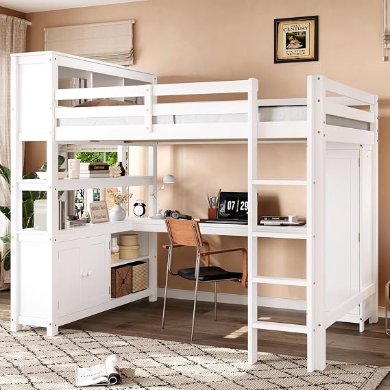 Wood Loft Bed Queen Size with Wardrobe and Desk, Multi-Functional Loft Bed Frame with Cabinet, Bookshelf and Top Shelves, Space-Saving Design (White-11.14)