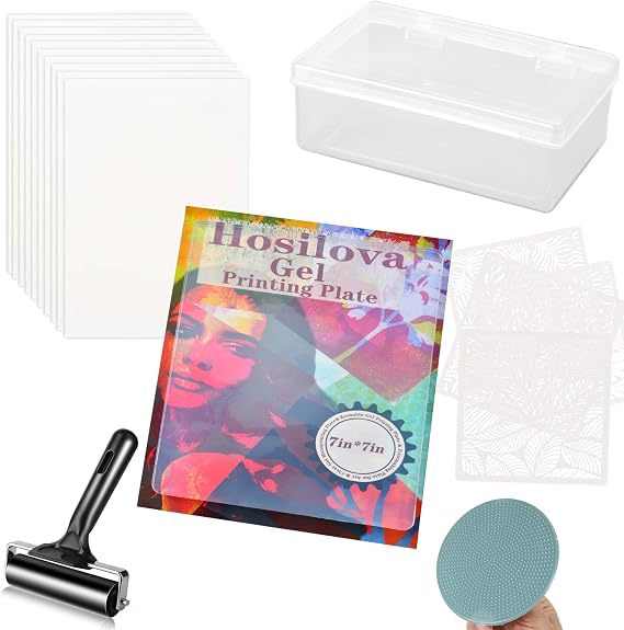 Reusable Gel Printing Plate Kit, Complete Printmaking Set with 7" X 7" Gel Plate, Rubber Roller, Paper, Baren, Stencils and Storage Box, Easy Clean Plate, Creative Art DIY Printmaking