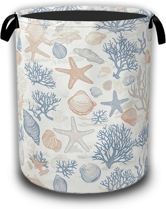 Seashells Starfish Laundry Basket,Waterproof Foldable Laundry Hamper,Dirty Clothes Basket, Linen Bin Storage Organizer Collection 16" x 20.8"