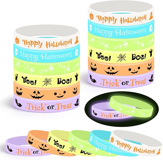 Lesnala 48 Pcs Halloween glow in the dark bracelets 6 Styles Trick or Treat Luminous silicone wristband for Kids Pumpkin Ghost Bat Glow Bracelets for Halloween Night Party Favors Goodie Bag Fillers