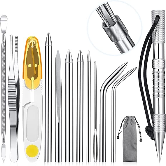 Ferraycle 12 Pcs Paracord FID Set Stainless Steel Knotter Tools Marlinspike Set Paracord Stitching Lacing Stitching Needles and Smoothing Tool Knotter Tools for Work Leather Weaving(Silver)
