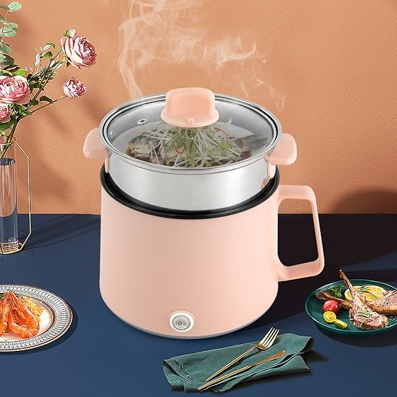 Electric Hot Pot 1.7L, Non-Stick Mini Noodle Cooker with Steamer (Pink)