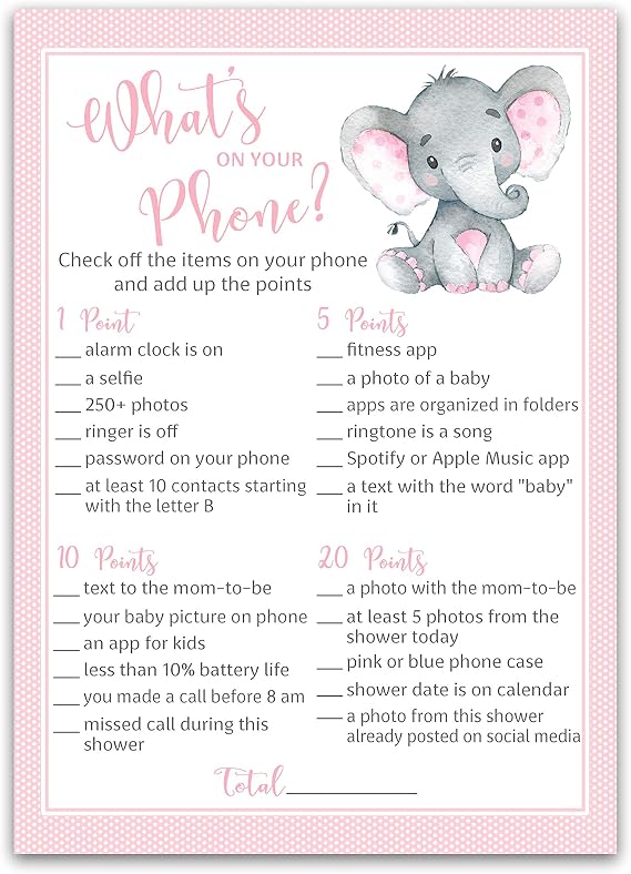 WHAT'S ON YOUR PHONE Baby Shower Game Pack of 25 Girl PINK ELEPHANT Baby Shower Games, Cute Pink Polka Dot Baby Elephant Little Peanut theme, Baby Girl Shower Activity G500-PHN