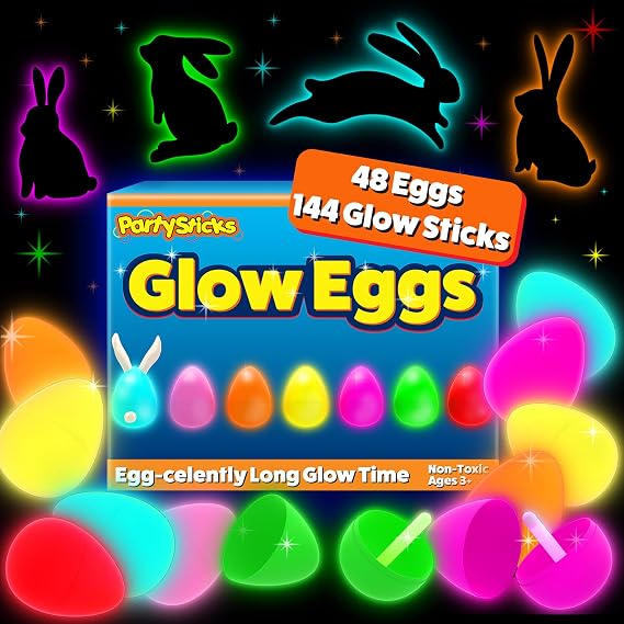 PartySticks 48 Easter Glow Eggs & 144 mini Glow Sticks 192pcs Total, Glow-in-the-Dark Kids Teens Adults Easter Basket Stuffers Fillers Gift for Hunt Game, Party Favors, Boys Girls Classroom Prizes