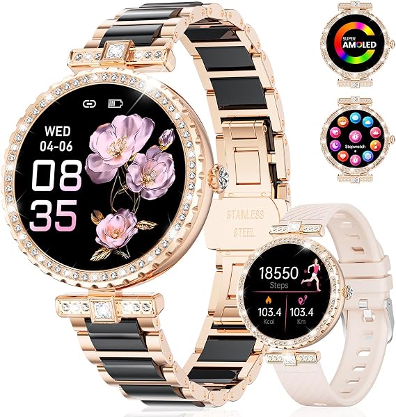 ESFOE Smart Watches for Women,1.19 AMOLED Smartwatch for Android iOS Phone,IP68 Waterproof Fitness Tracker Watch with Heart Rate Sleep Monitor 100+ Sports Pedometer,Ceramic Black(Answer/Make Calls)