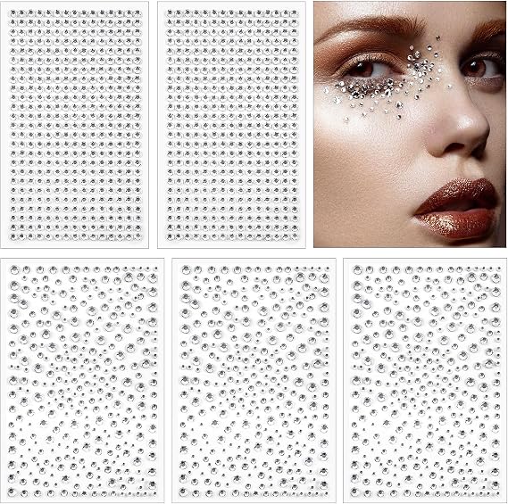 OUTUXED 1725pcs Face Gems Rhinestones Stickers, Self Adhesive Face Jewels Stickers, 3/4/5/6 MM Stick on Rhinestones for Face, Hair, Craft, Nail, Clothes, Shoes