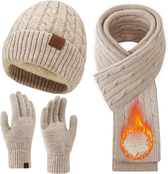 Womens Winter Beanie Hat Scarf Gloves Set, Knit Touch Screen Gloves Long Scarf Skull Caps Fleece Lined Winter Gift