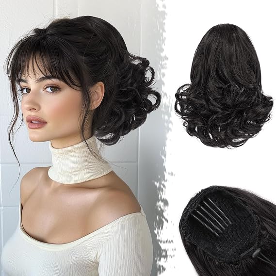 BARSDAR Drawstring Ponytail Extension - 10 Inch Short Wavy Black Brown Ponytail Extensions for Women - Synthetic Comb Clip in Ponytail Hairpieces Fake Pony Tails Daily - Black Brown