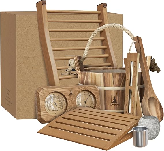 Northwood Sauna - Sauna Accessories Kit - Handmade from Canadian Red Cedar Wood - Complete Set (Bucket & Ladle, Thermometer & Hygrometer, Sand Timer, Aromatherapy Cup, Backrest, Headrest)