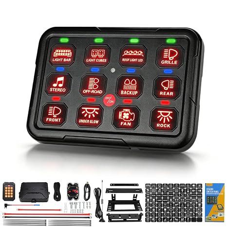 12 Gnag Remote Control Switch Panel, Switch Panel Adjustable Strobe Pulse Momentary, 12-24V Multifunction Circuit Control Relay System Box Swith Panel for Truck Pickup Car Boat SUV UTV RV